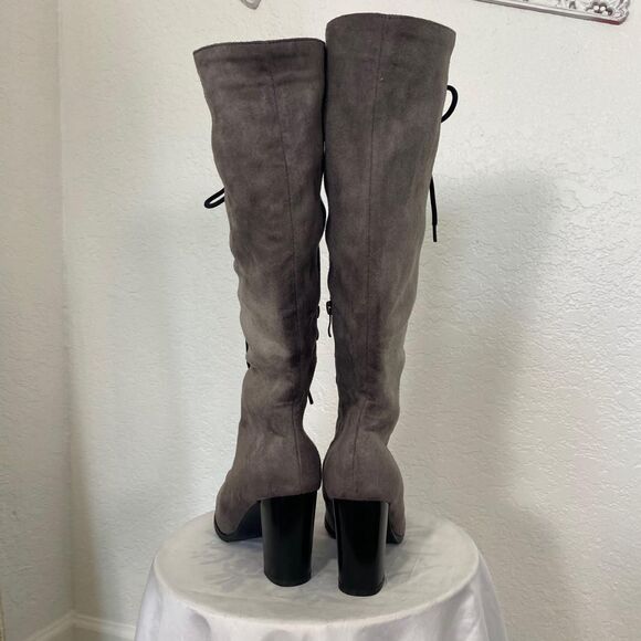 Witchy Whimsygoth Faux Suede Dark Light Gray Lace Up High Heel Boots US 9.5 - Picture 4 of 8